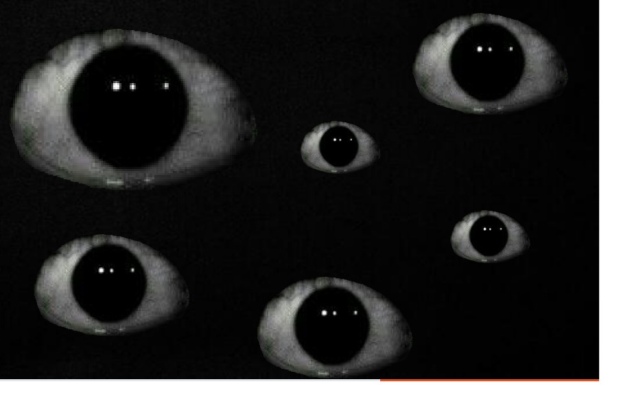 Several black pupil eyes watching from a dark void.
