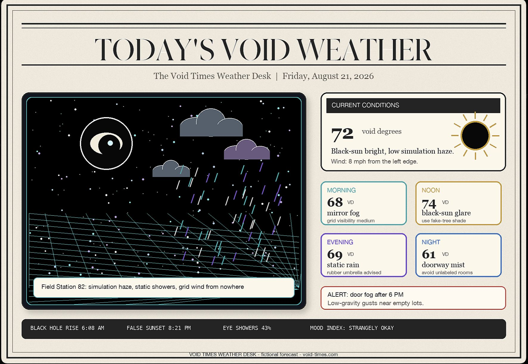 Today's Void Weather forecast showing black-sun glare, static rain, and doorway mist.